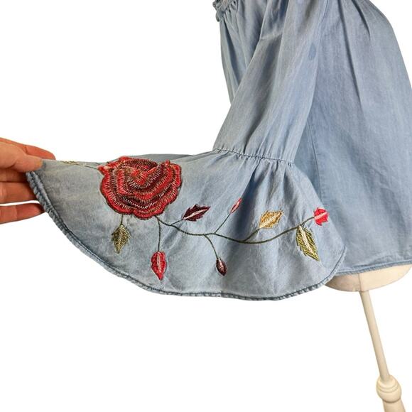 Speed Limit Mph Blue Off-Shoulder Embroidered Ruffle Sleeve Top Size M Cotton - Picture 5 of 9
